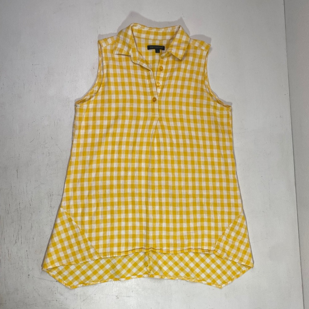 For Cynthia Yellow Gingham Linen Blend Tunic Top Womens Small Cottagecore Summer
